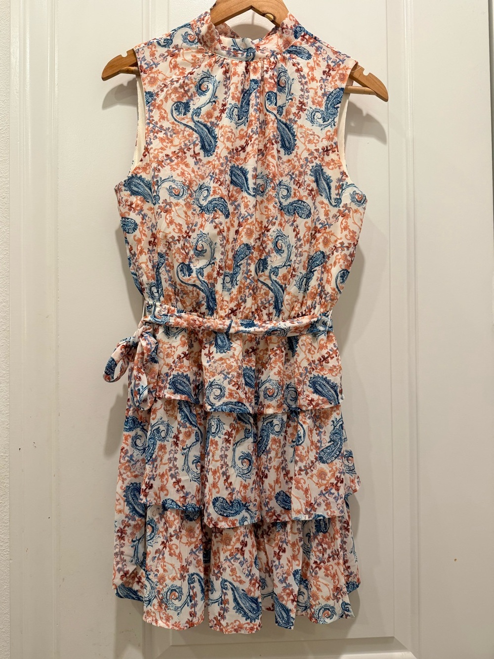 Pink Lily Blue and Peach Paisley Tiered Mini Dress